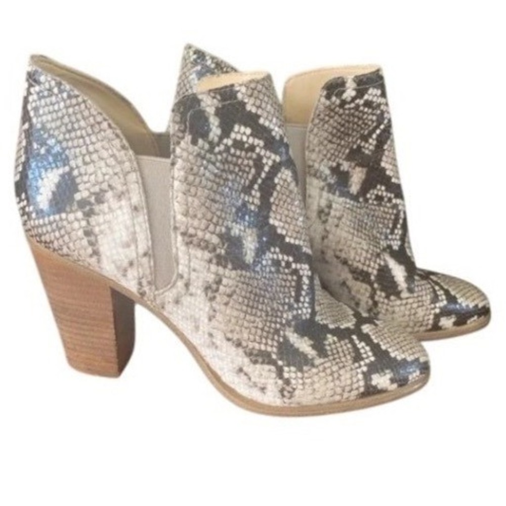 Snakeskin Print Ankle Booties Beige Brown Block Heel Elastic Panels Womens SZ 10